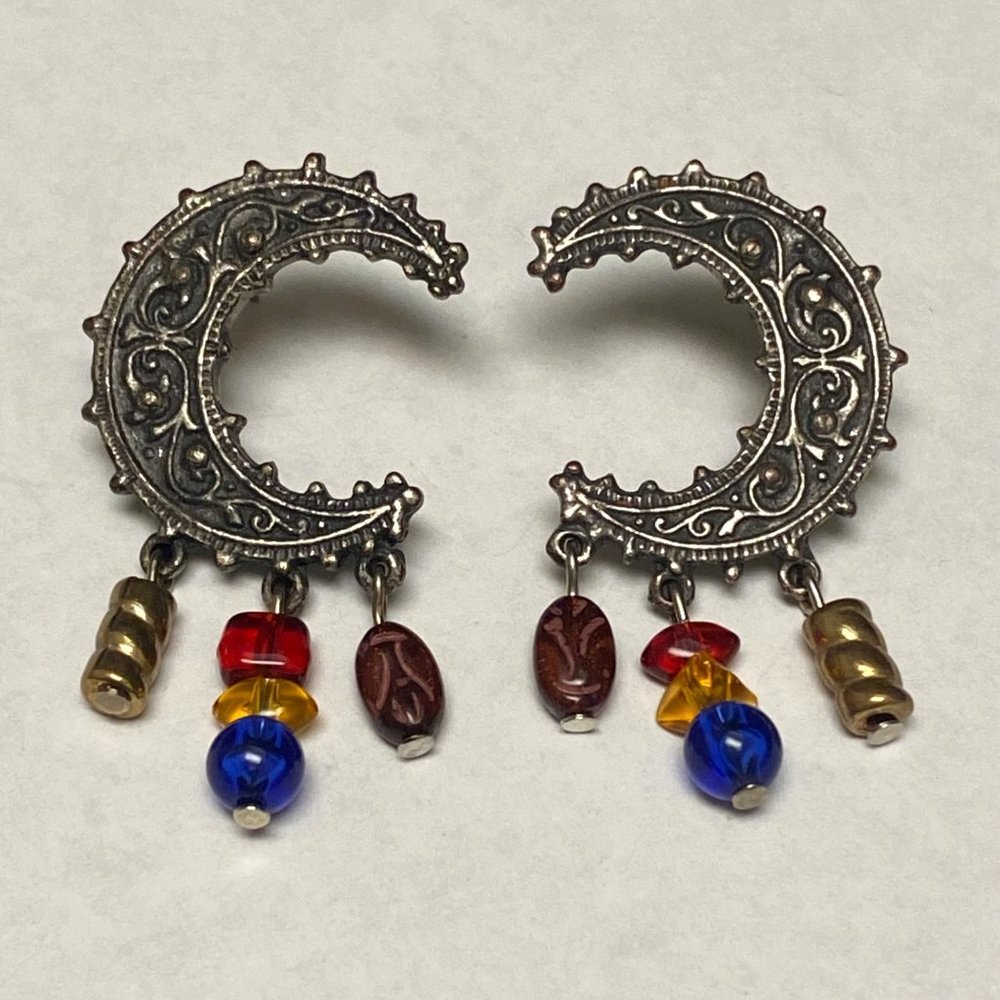 Legends Crescent Moon Shape Silver Tone Metal Pierced Post Earrings with Dangles - Picture 2 of 16